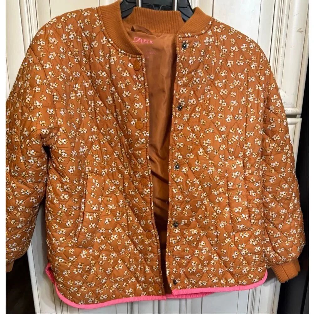 ZARA Girl's Flower Print Lightweight Button Down Jacket Pink Orange Size 9-10